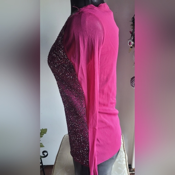 Tristan Fushia Sequin Sheer Long Sleeve Scoop Neck Top L - Picture 5 of 7